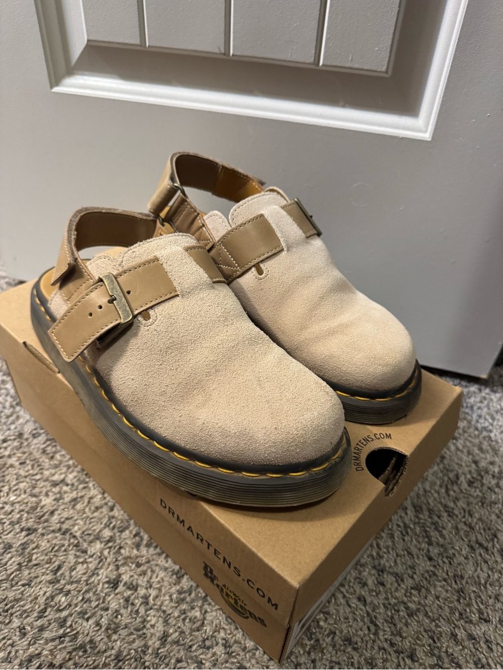 Dr. Martens Beige Suede Buckle Clogs with Yellow Stitching